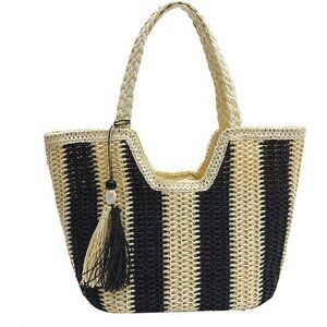 Women Straw Beach Bag Large Capacity Beige Black